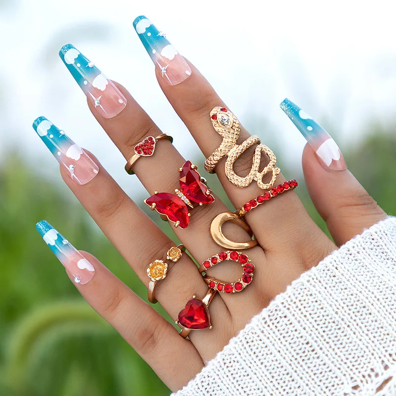 New Boho Red Crystal Geometric Kunckle Ring Set For Women Butterfly Heart Snake Shape Joint Ring Female Party Jewelry