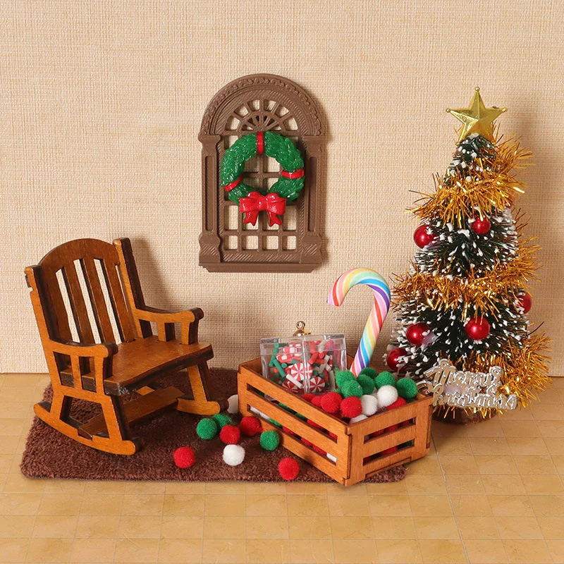 

9pcs Dollhouse Christmas Tree Rocking Chair Vintage Window Christmas Set Miniature Scene Display BJD Home Decor Decoration