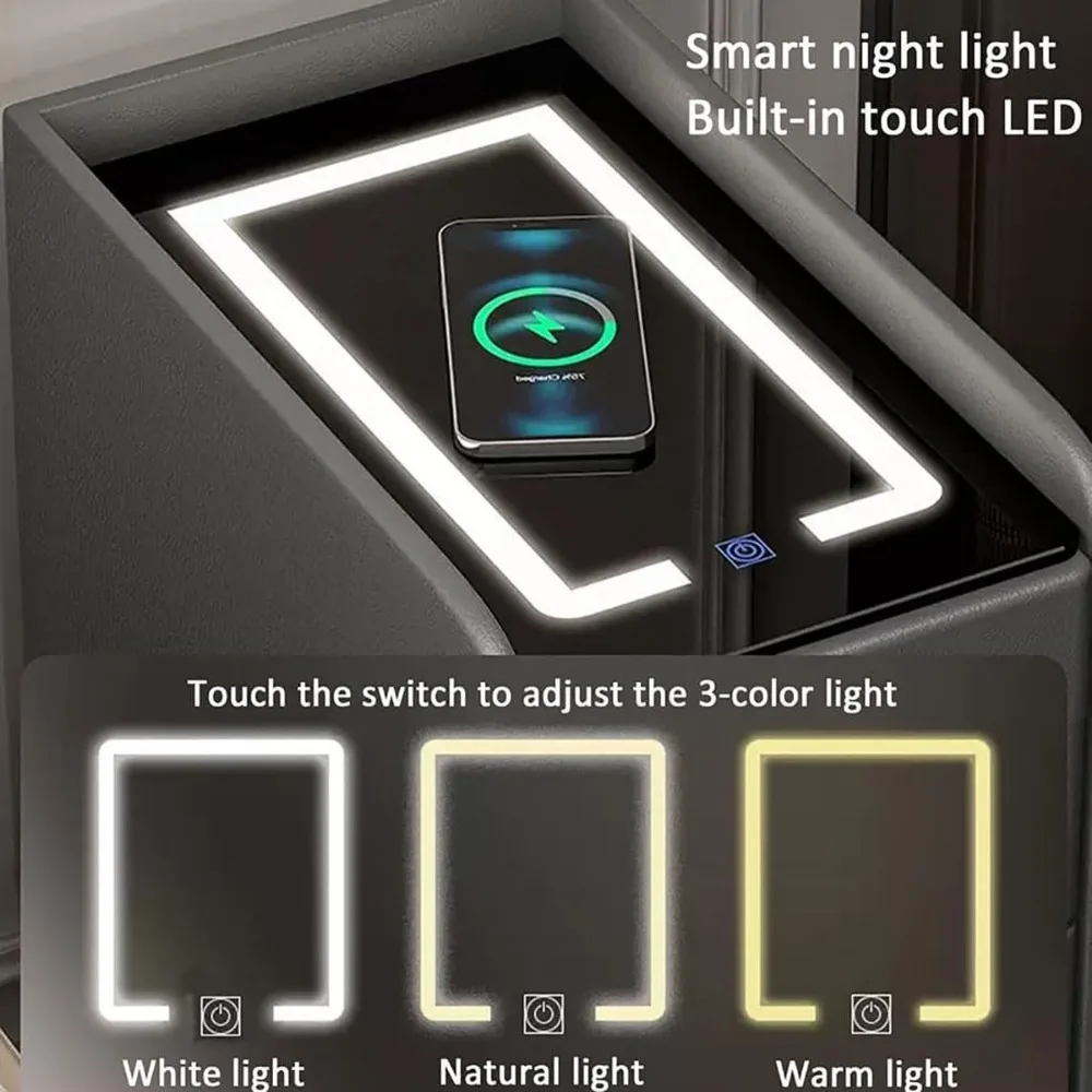 زوج من طاولات السرير الحديثة مع إضاءة قابلة للتعديل ومحطات شحن، ومنضدة مزدوجة لتنظيم غرفة النوم