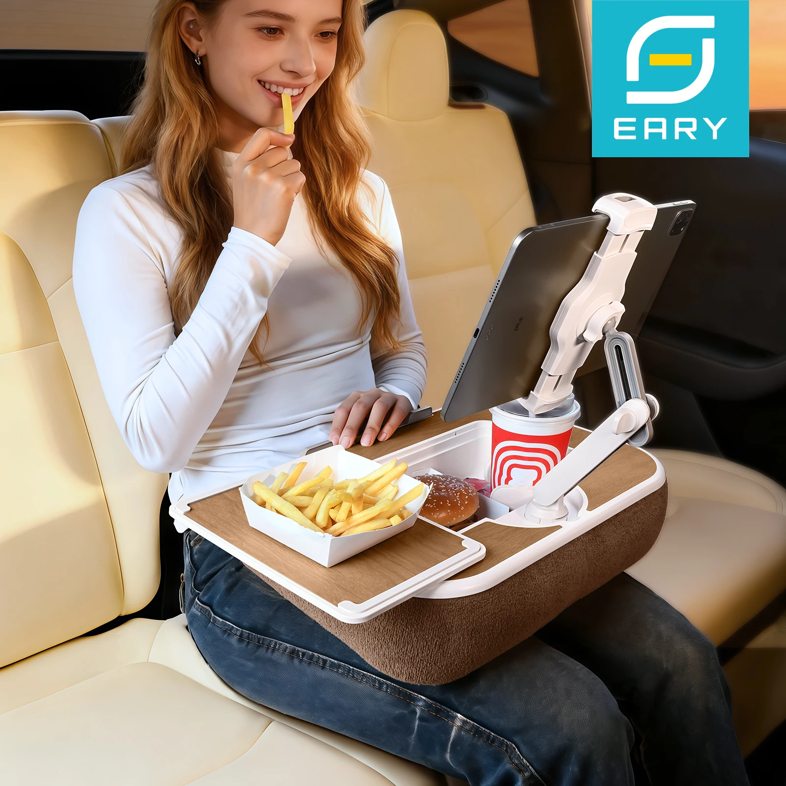 Eary Car Tablet Pillow Stand with Storage Space Cup Holder Car Back Seat Tray for 4.7-13