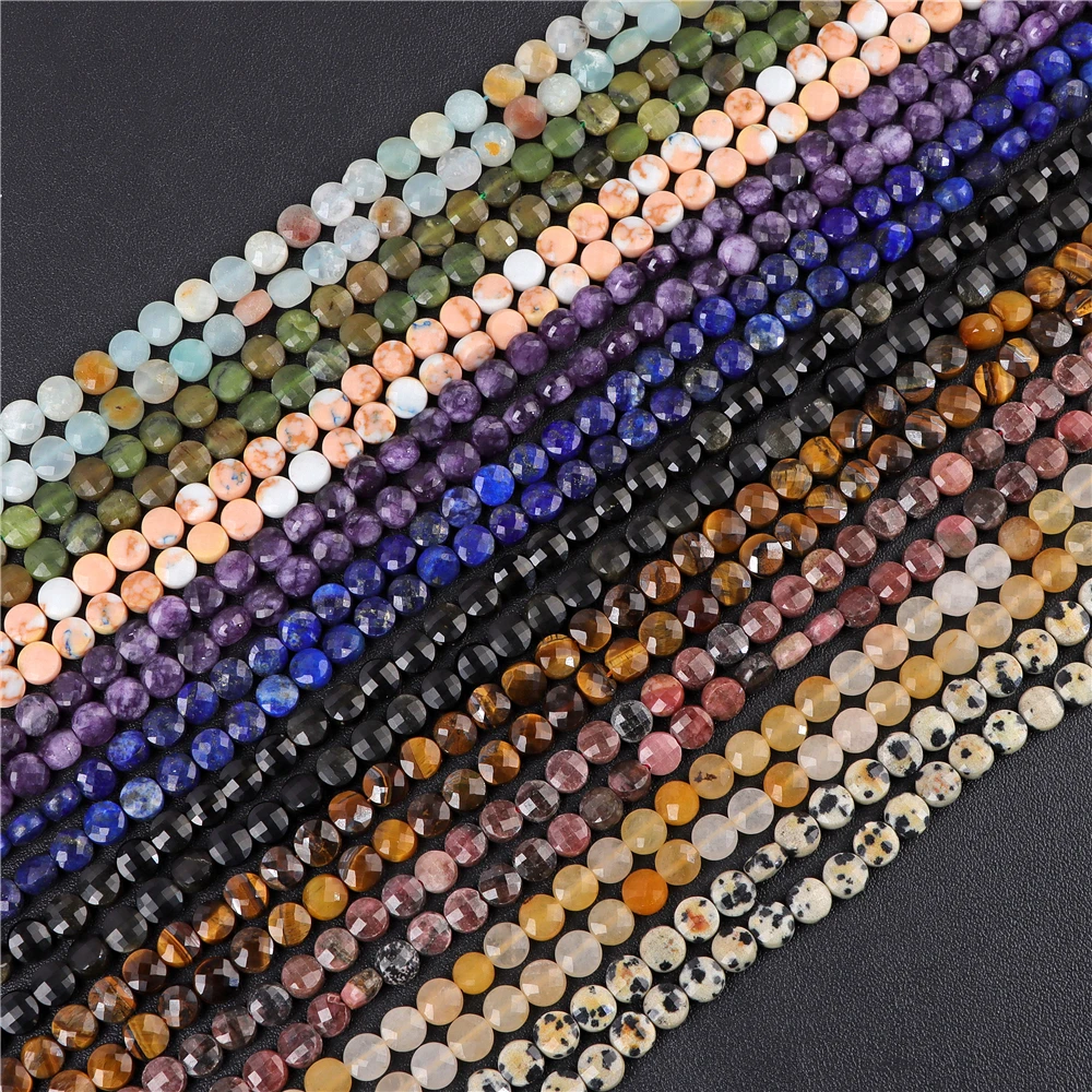 Natural Quartz Stone 4mm 6mm Amethysts Labradorite Tiger Eye Flat Round Faceted Beads For Jewelry Maing DIY Bracelet Necklace