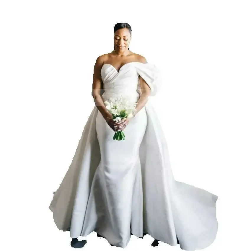 Robe De mariée De campagne plissée en Satin, asymétrique épaule dénudée, personnalisée, avec jupe amovible, grande taille, robes De mariée Vintage