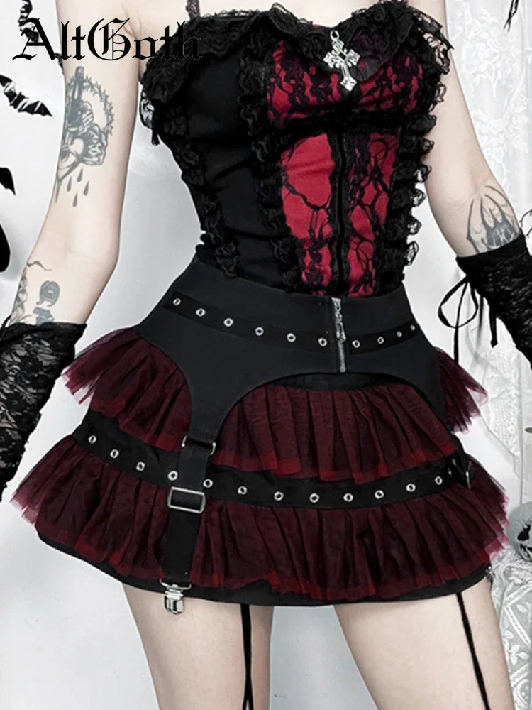 

AltGoth Streetwear Punk Gothic Skirt Women Harajuku Y2k E-girl Emo Alternative Grunge Red Black Mesh Patchwork Pleated Skirts