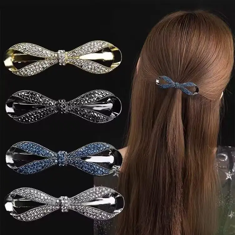 Full Rhinestone Bow Spring Hair Clip Lightweight Half Up Back Head Hairstyle Accessory Premium for Women