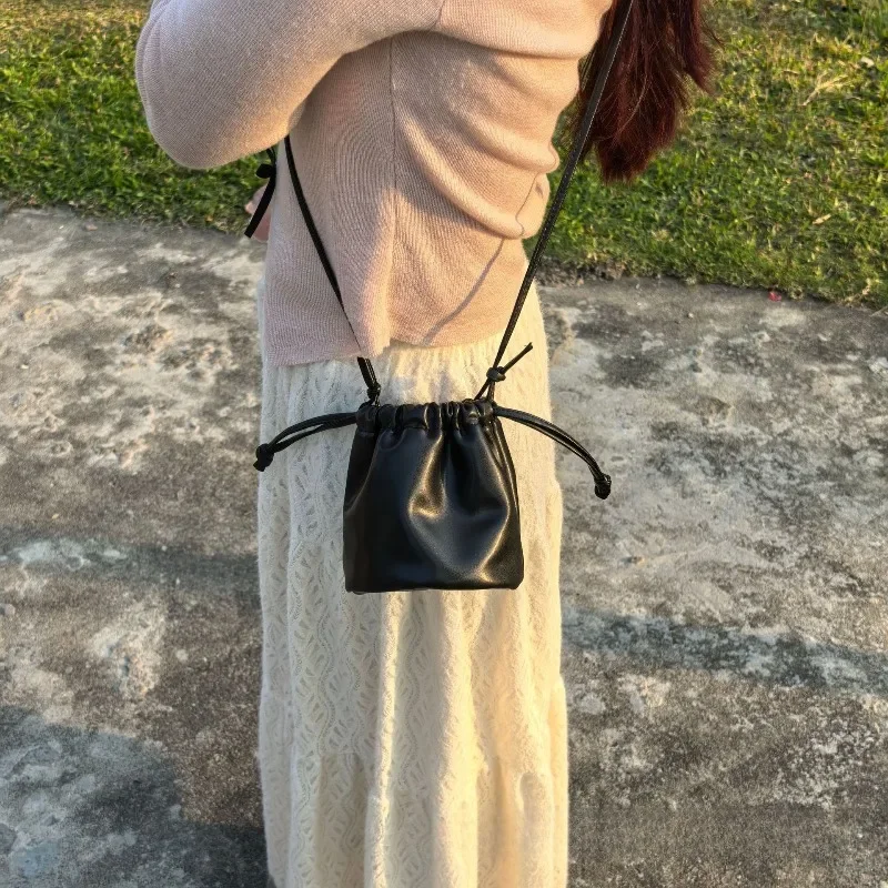 PU Leather Bucket Bag - Drawstring Crossbody Organizer for Cosmetics/Phone/Wallet (Stylish Essentials Pouch with Secure Closure)