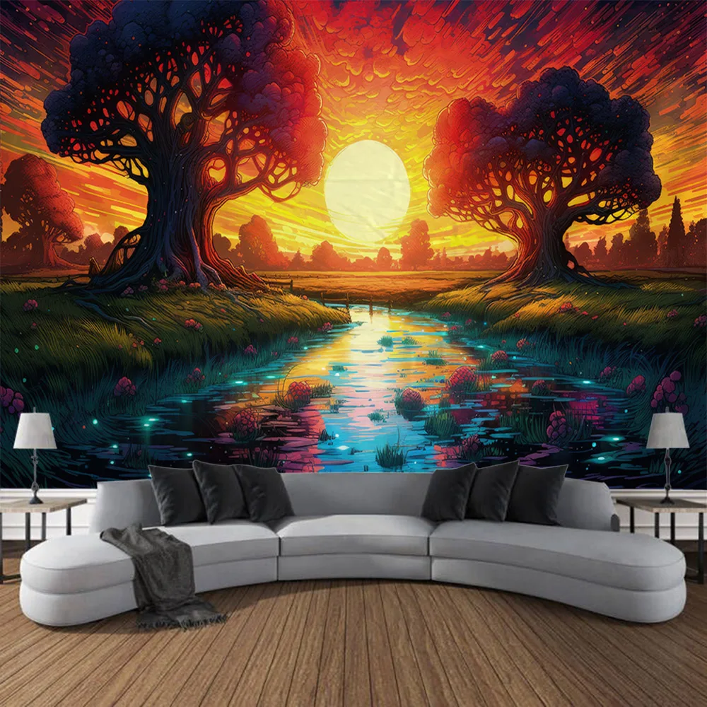 Psychedelic landscape tapestry, wall hanging, dreamy jungle art tapestry, home decoration, sunrise and sunset background cloth