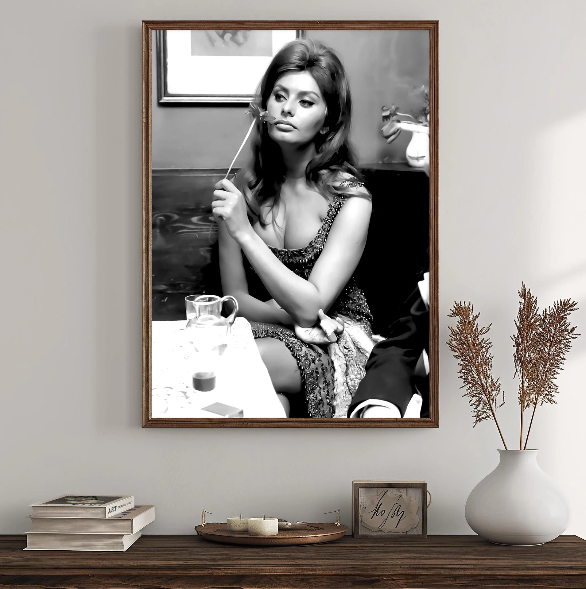 الموضة الحديثة أنثى نجمة صوفيا لورين مثير جميل أسود أبيض صورة المشارك قماش لوحات صور فنية للجدران ديكور المنزل #4