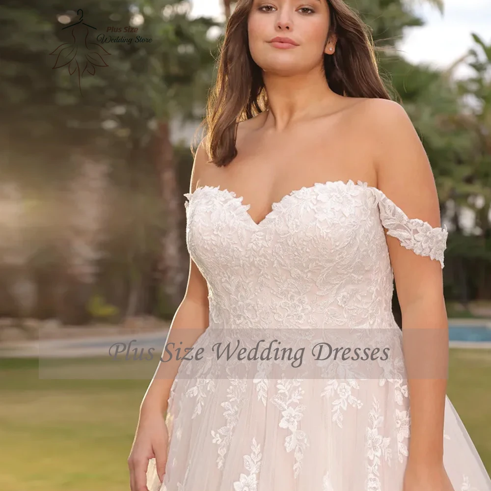 Pastorale Off Schouder A-lijn Trouwjurken Plus Size Sweetheart Hals Bruidsjurken Applicaties Vloerlengte Tule Vestido De Noiva
