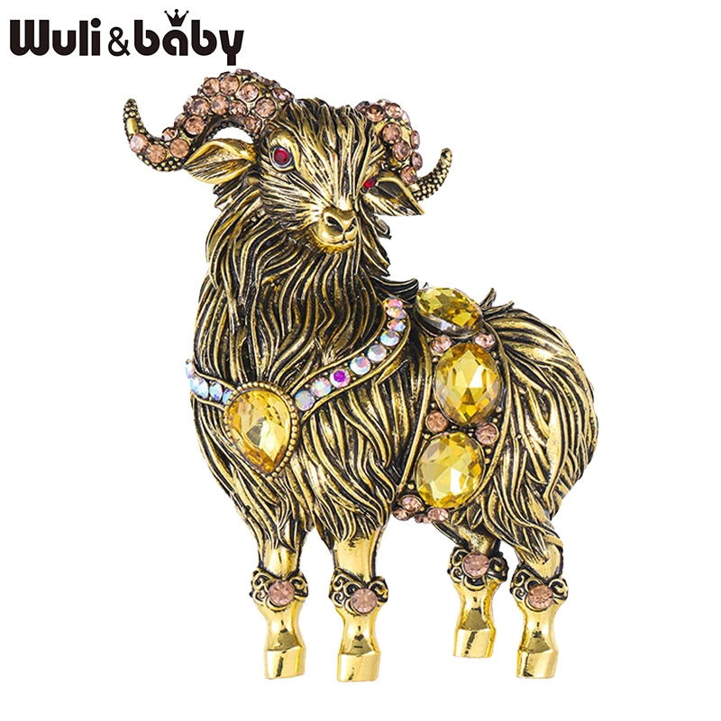 Wuli&baby Vintage Noble Goat Brooches For Women Unisex Alloy Rhinestone Charming Ram Animal Party Brooch Pin New Year Gifts