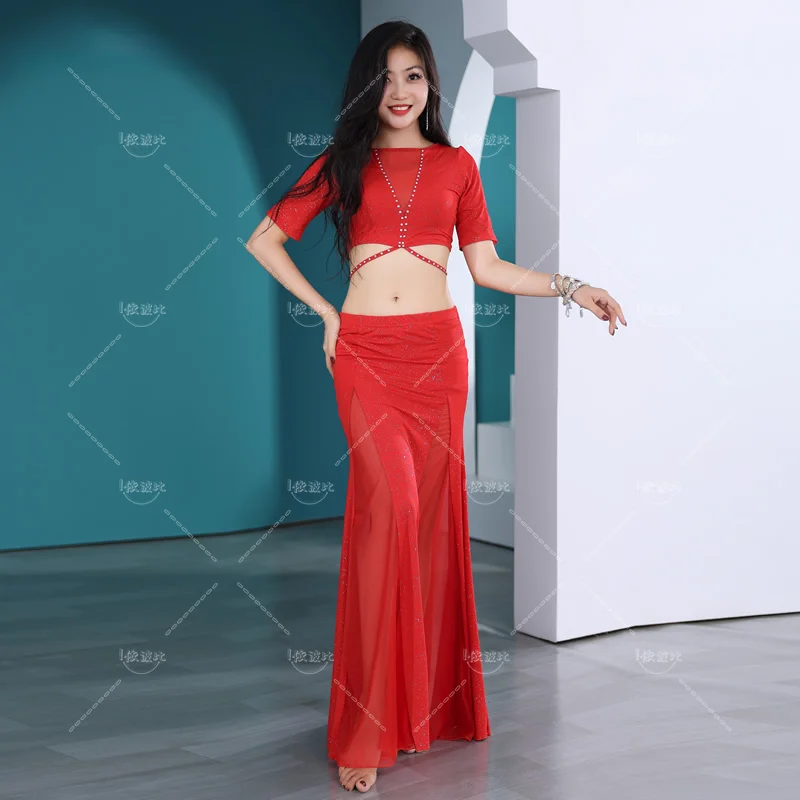 Women Proffesional Bellydance Costume Sexy Short Sleeves Top Long Skirt Exotic Dancewear Suit Girls Oriental Dance Outfit Cloth