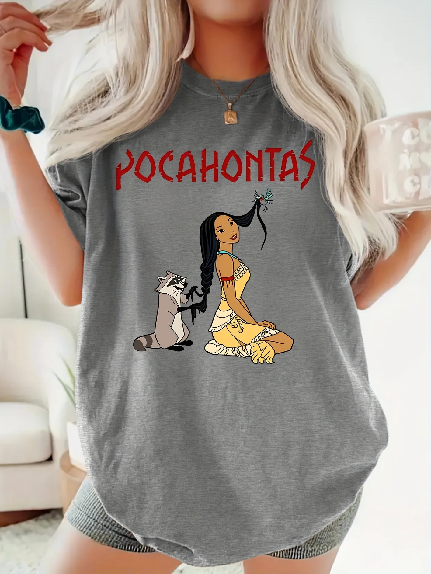 تي شيرت نسائي بنمط ديزني ريترو بوكاهونتاس من القطن بأكمام قصيرة للجنسين ملابس الشارع كبيرة الحجم فضفاضة كاجوال أنيقة
