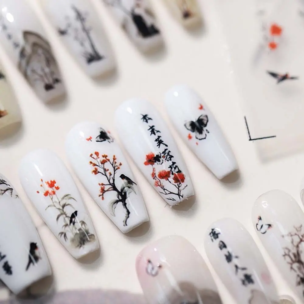 DIY Nail Charms Chinese Ink Nail Stickers Nail Art Supplies Chinese Character Crane Nail Decals Painting Sunset