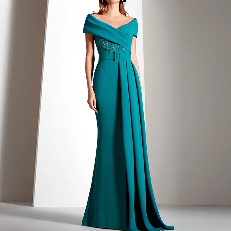 المرأة البط البري خارج الكتف الخامس الرقبة ثوب مسائي حورية البحر الطابق طول فستان أم العروس الدانتيل التطريز الكرة ثوب #4