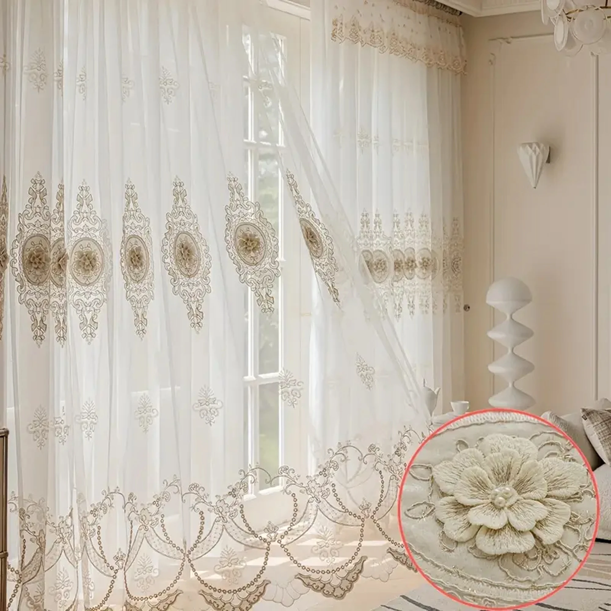 1pc European Style Embroidered Blackout Sheer Curtains,Single Layer Floral Design for Living Room Bedroom,Home Decor