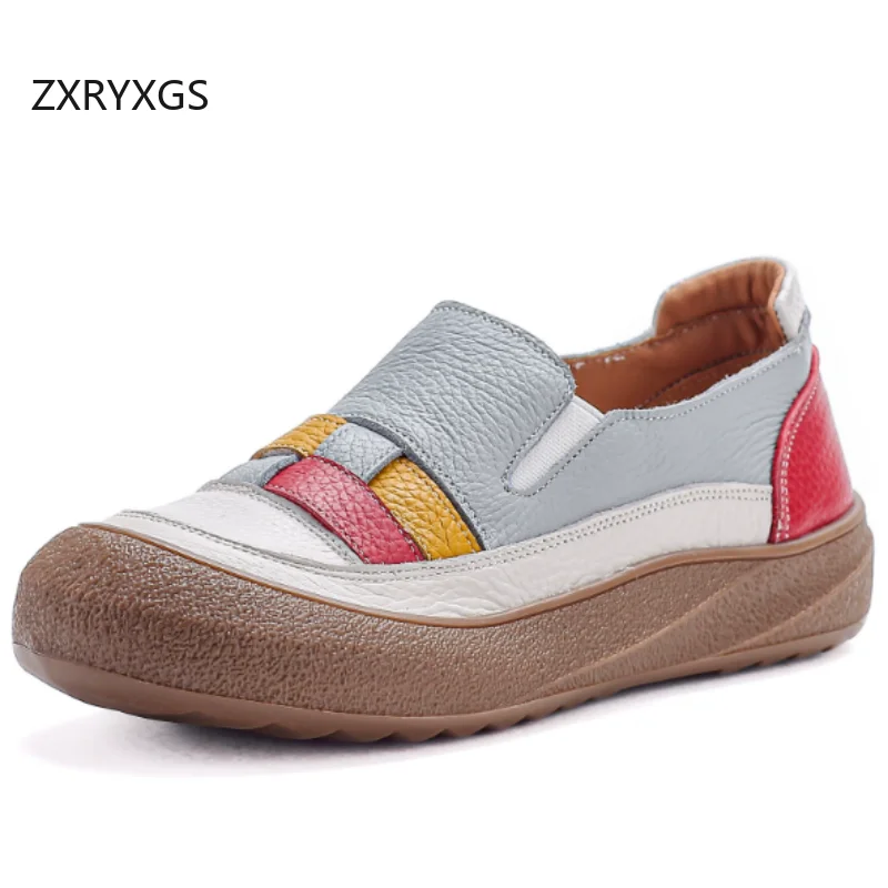 ZXRYXGS Promotion 2026 Genuine Leather Mixed Color Trendy Shoes Flat Thick Sole Women Shoes Fashion Casual Sneakers Travel Shoes
