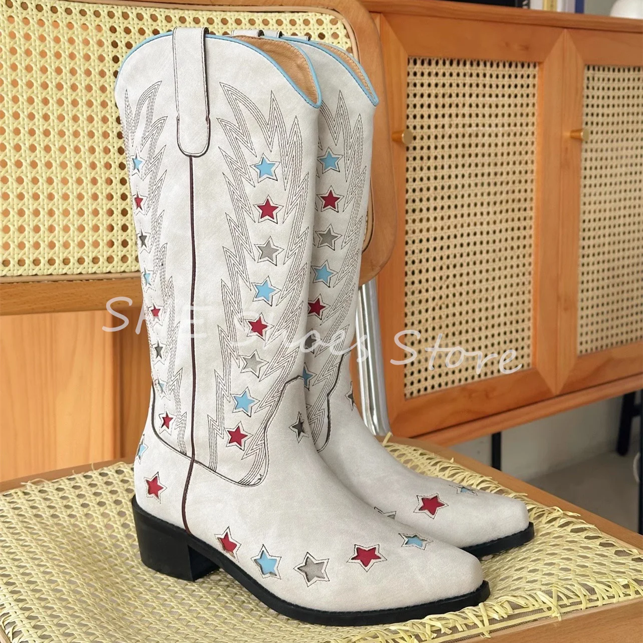 

Retro Embroidered Pointed Toe Western Cowboys Women Boots Colorful Hollow Out Stars Knight Boots Ladies Leisure Knee High Boots