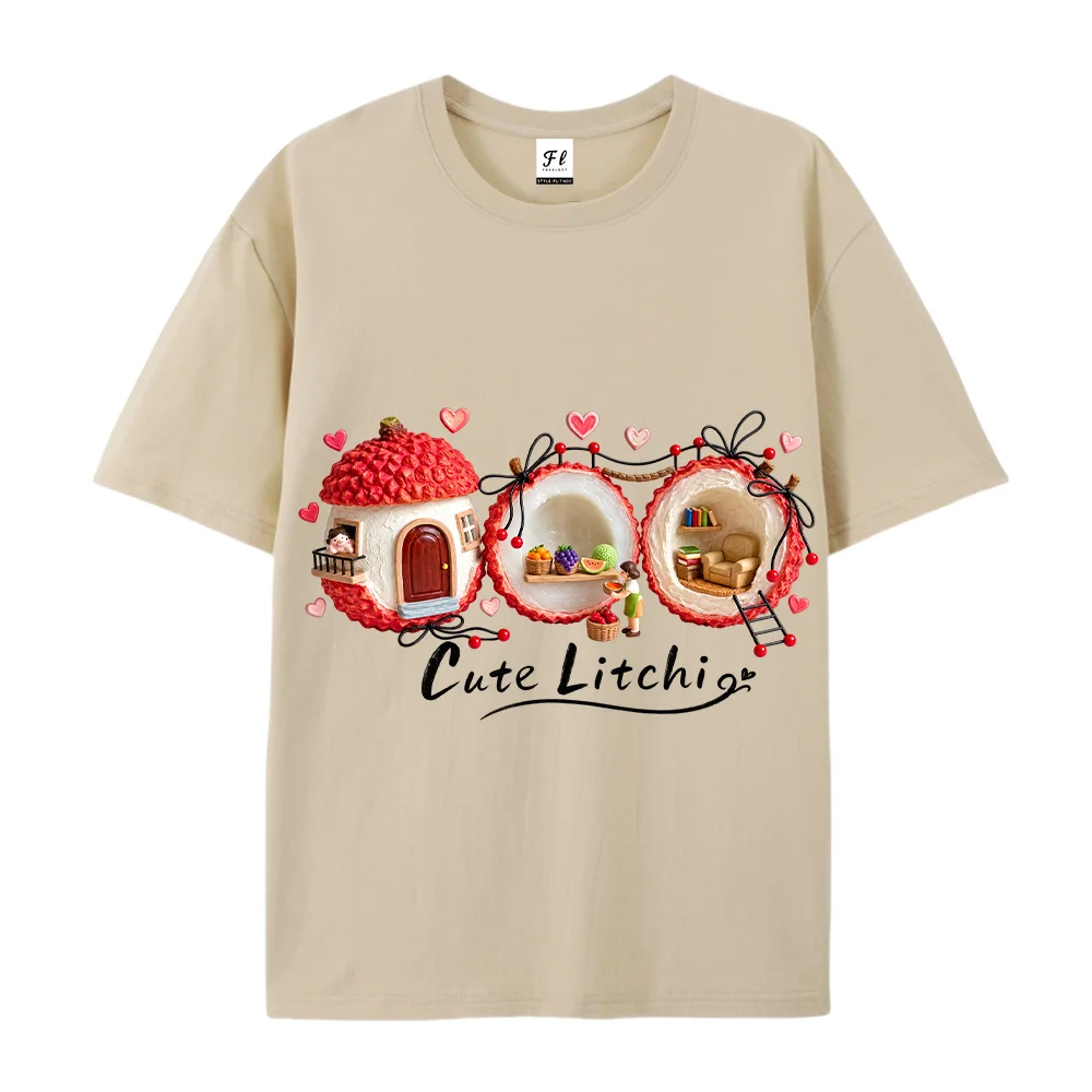 Cute Litchi Miniature House T Shirt Cottagecore Aesthetic Lychee Fruit Graphic Tees Loose Cotton Short Sleeve Tops Women