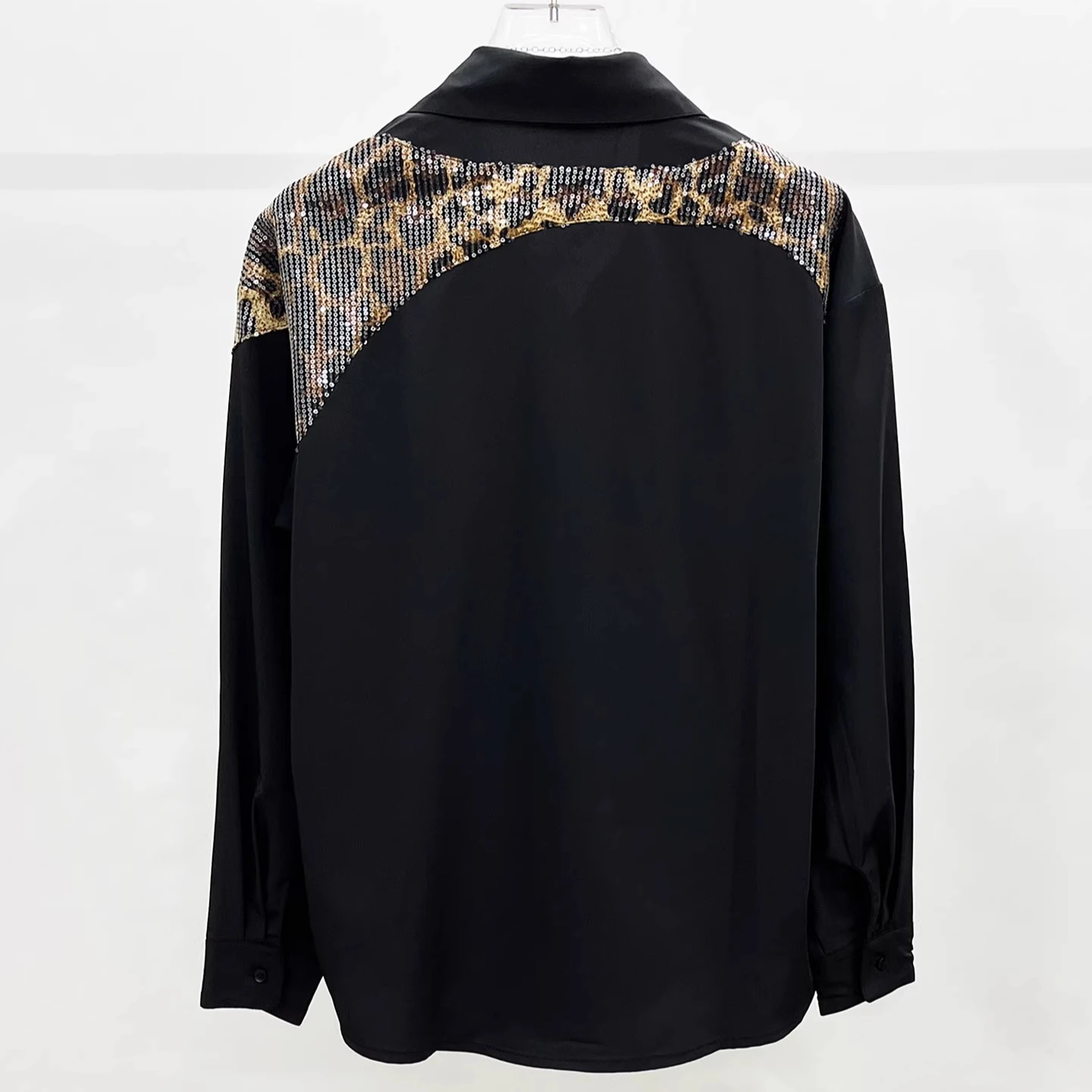 Leopard Print Patchwork Sequin Tie Shirt Men's Loose Temperament Casual Shirts Social Stage Performance Banquet Star Costume