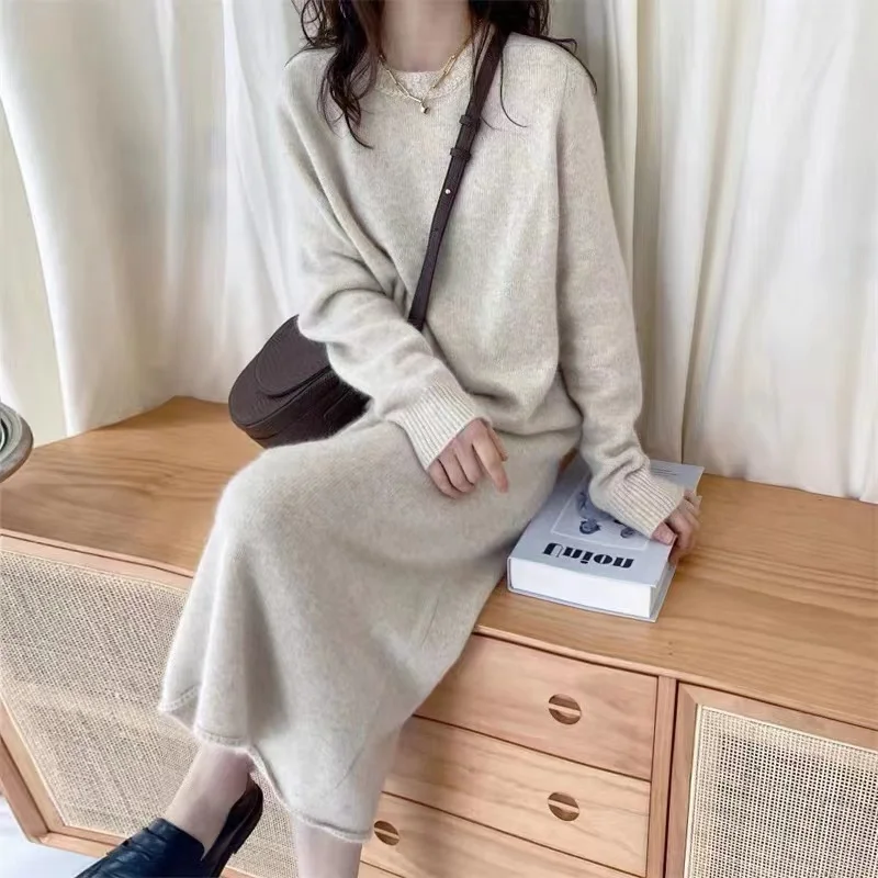 2022 New 100% wool long dress women's O-Neck Wool sweater solid color loose bottoming long skirt  long high-end Wool dress