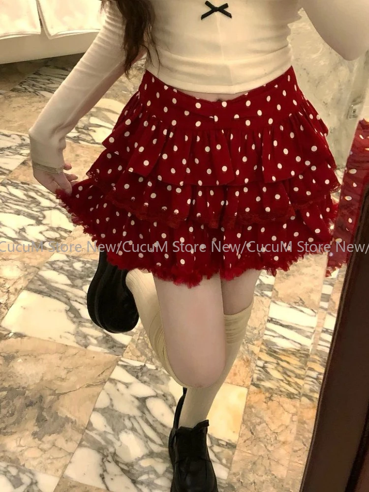 Woman High Waist Polka Dot Lace Bow Cake Skirt Sweet Kawaii Y2k Mini Skirt Lolita Japanese Style Fashion Skirt Autumn Winter
