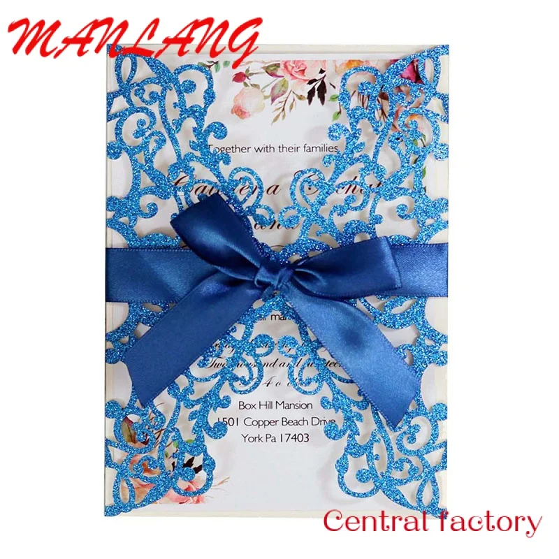 Custom  Custom Make Colors Glitter Wedding Card Laser Cutting Wedding Invitation Cover With Ribbon