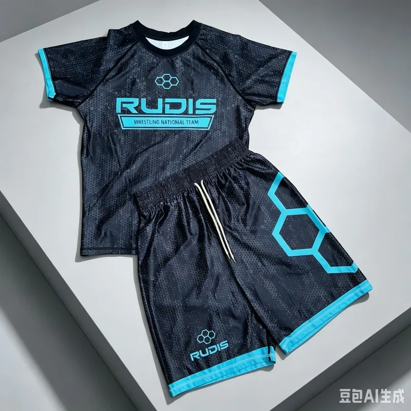 Image of Sommer Herren- und Kinder-Sportset im Wrestling-Stil mit schwarzem Wabenmuster, Rashguard, atmungsaktive Trainingsuniform, Familien-Partnerlook