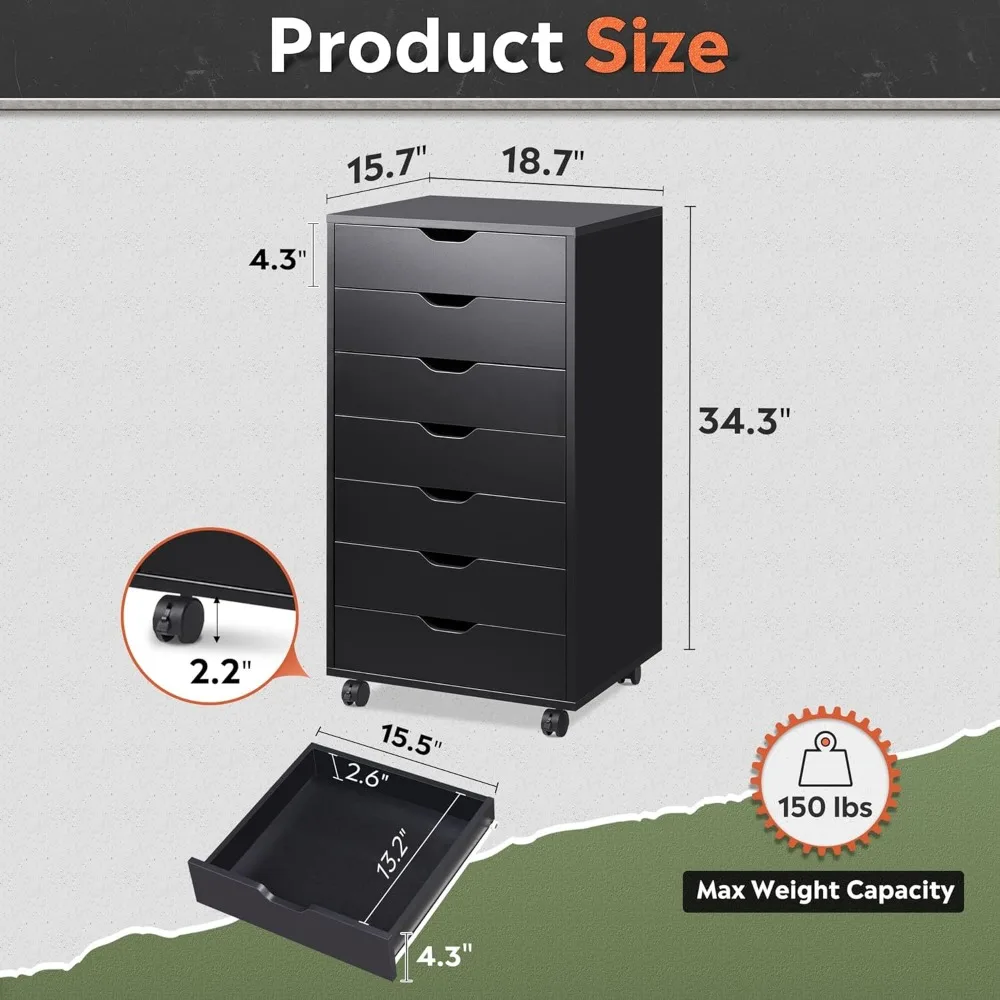 7-Drawer Wooden File Cabinet with Wheels, Black, Space-Saving Storage Solution for Home or Office