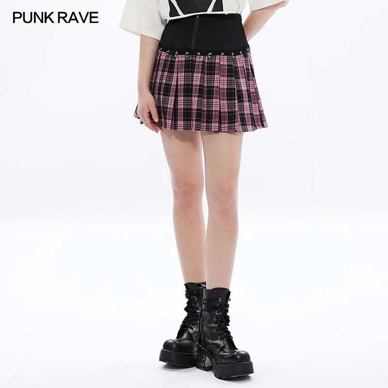 

PUNK RAVE Women's Playful Plaid Splicing Skirt Punk Metal Ring Webbing Decorative Fashion Personality Girl Mini Skirts