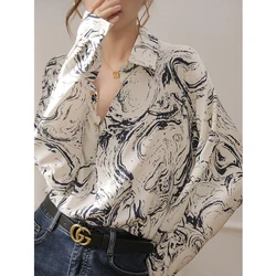 Women's Korean Fashion Print Lapel Button Up Shirt Minimalist Vintage Chic Commute Blouse Long Sleeve Loose Tops Blusas De Mujer