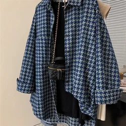 Women Clothing Vintage Leopard Houndstooth Print Shirt Casual Streetwear Oversize Blouse Y2K Harajuku Irregular Long Sleeve Tops