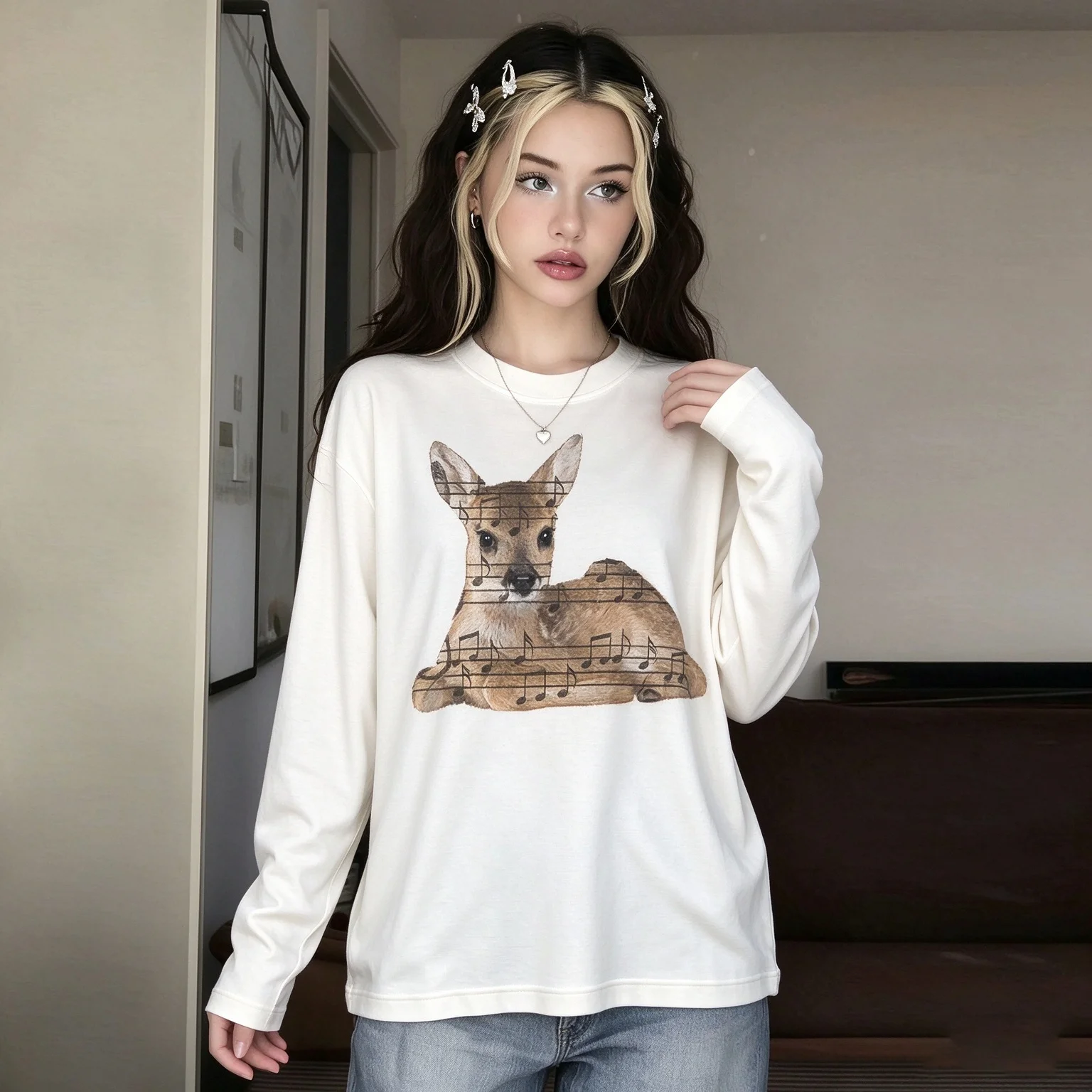 Women Fawn Deer Music Note Graphic Long Sleeve White Casual Streetwear Aesthetic Animal Print Top Autumn Winter Unisex Tee Shirt