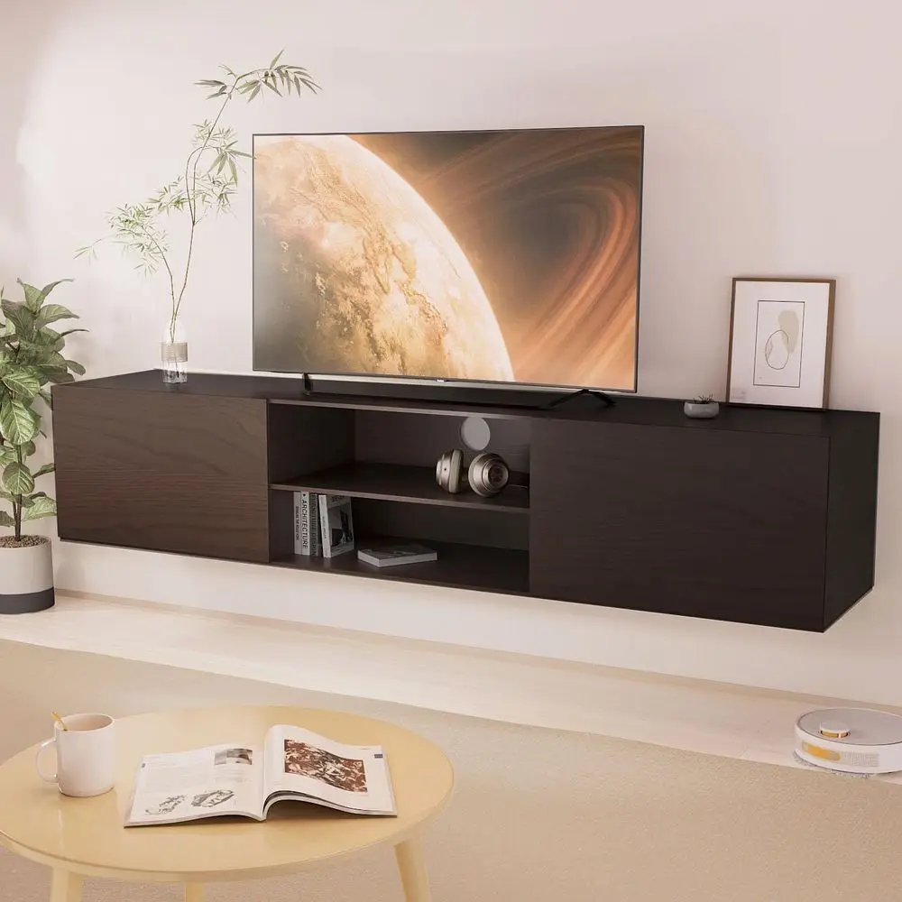 loating TV Stand,70" Media ole or 60"70"80" tv,Entertainment Center with Storage, Century ern Wood tv shel, 3 Cabinet tv Table,t