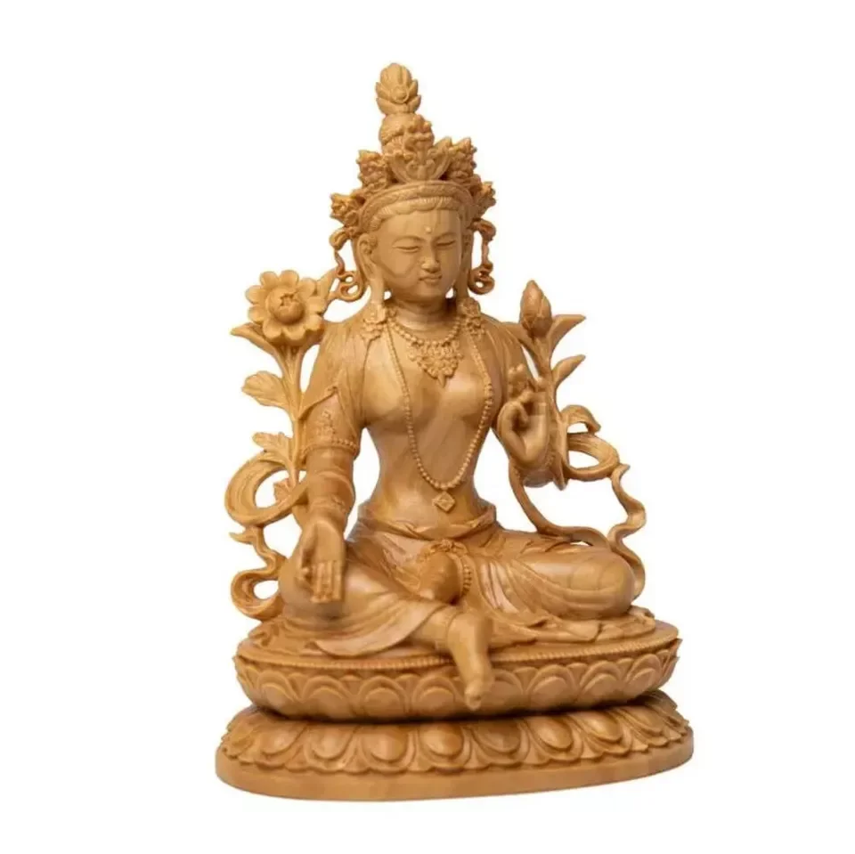 

10cm Hand-Carved Wooden Green Tara Bodhisattva Statue Lotus Base - Buddhist Artwork Guanyin Representation