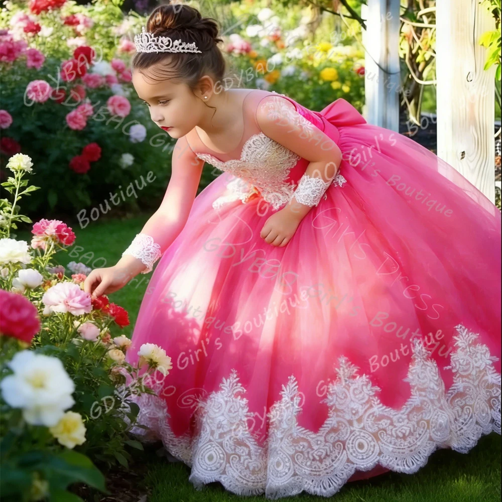 

Full Sleeves Flower Girl Dress for Wedding Toddlers White Appliqued Tulle Princess Pageant Gown Customized Birthday Party Dress