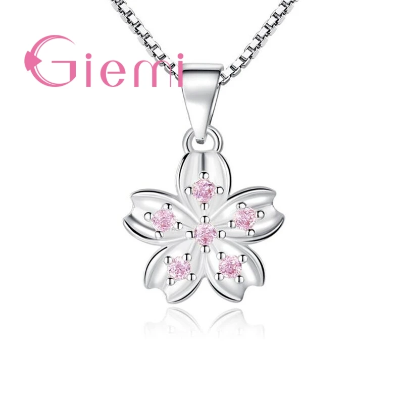 

High Quality Cherry Blossoms Flowers Five Petals Design Pink Clear CZ 925 Sterling Silver Women Bridal Wedding Pendant Necklace