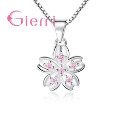 High Quality Cherry Blossoms Flowers Five Petals Design Pink Clear CZ 925 Sterling Silver Women Bridal Wedding Pendant Necklace