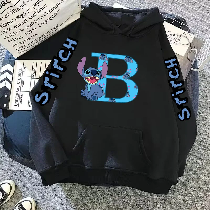 2024 jaqueta de inverno feminina bonito kawaii disney lilo & stitch sorte carta impressão preto hoodie moda casal streetwear roupas esportivas