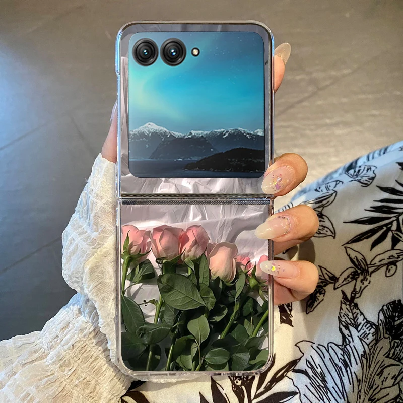 Handyhülle mit Rosenblüten- und Pflanzenmuster für Motorola Razr 50 Ultra Razr 40 Ultra 50 40, transparente, harte, faltbare, stoßfeste PC-Abdeckung