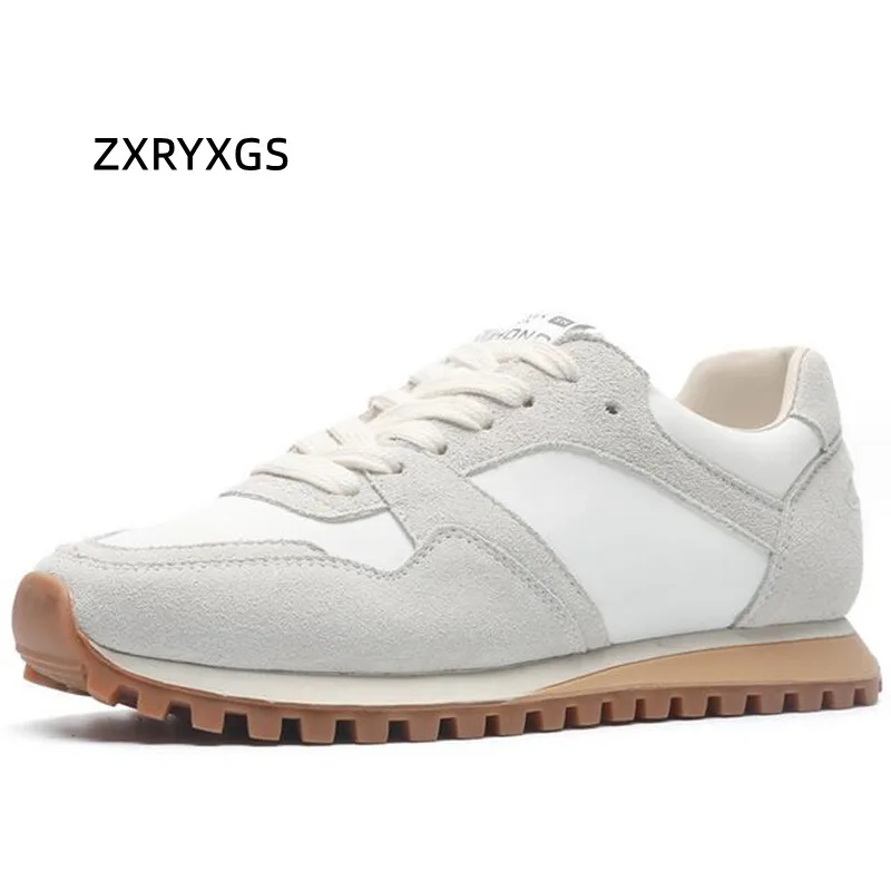 ZXRYXGS Frosted Cowhide Splicing Women Leather Sneakers Flat 2024 Spring New Colored Round Toe Lace Up Casual Sneakers Shoe Tide