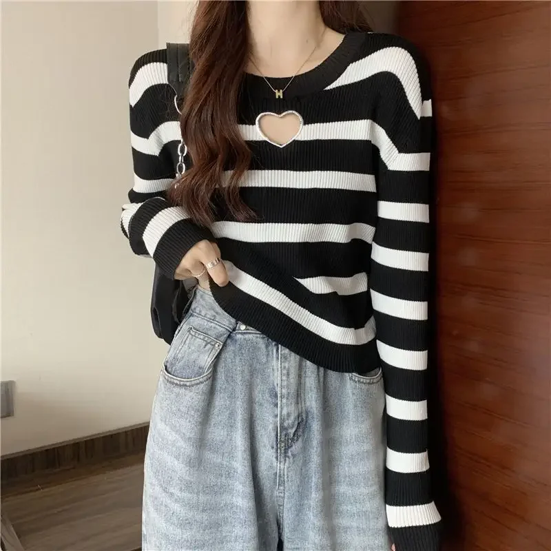 Hollow Out Love Pullovers 2024 Women Clothes Long Sleeve Tunic Jumper Casual Striped Fashion Pull Femme Knitted Y2k Sweater Tops