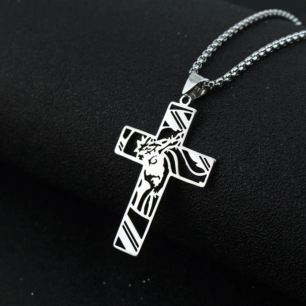 Christ God Cross Jesus Crown of Thorns Chain Necklace Men Stainless Steel Crucifix Necklace Jewelry Colar Masculino