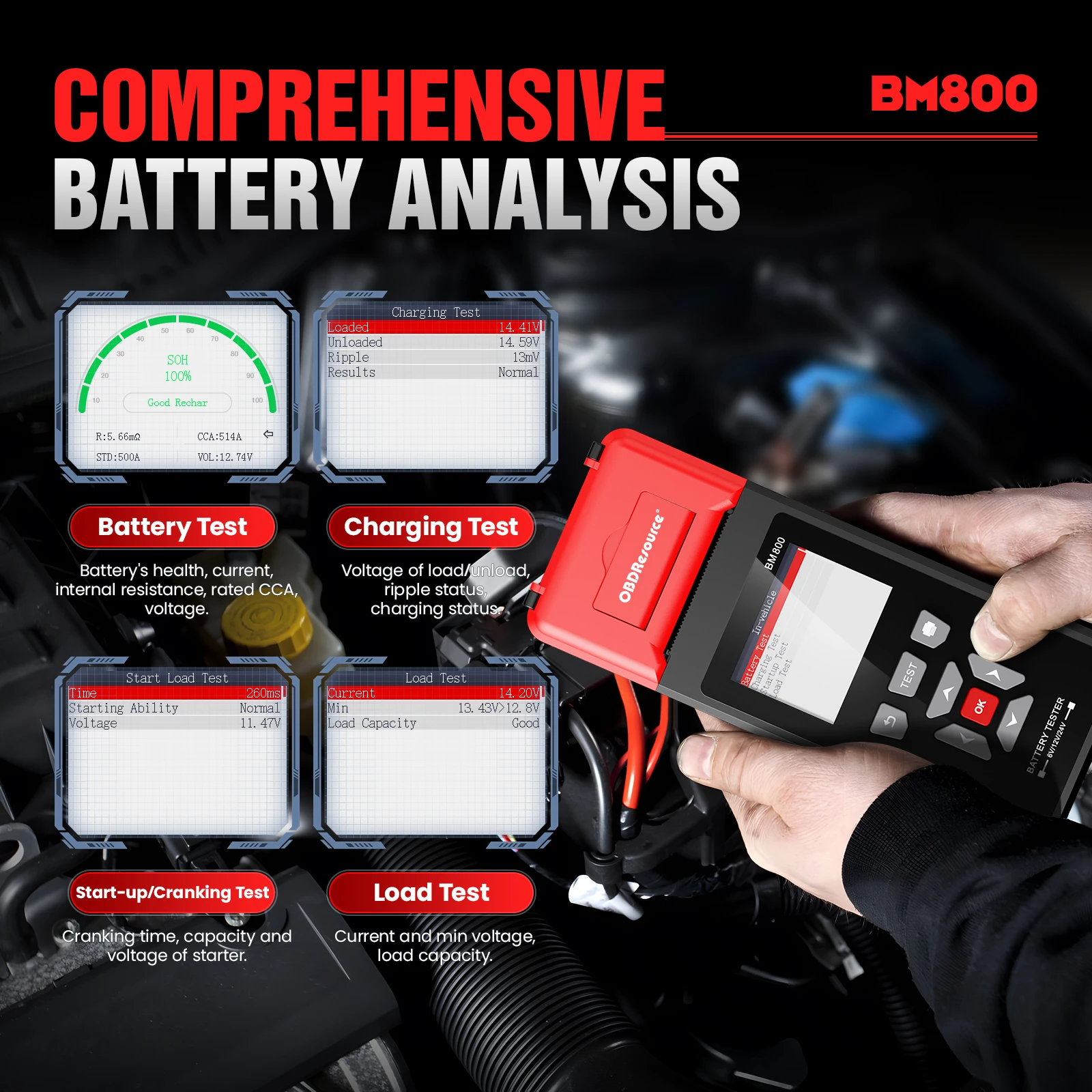 OBDResource Car Battery Tester with Printing Function, Auto Scanner Diagnostic Tool, BM800, 6V, 12V, 24V, Analyzer