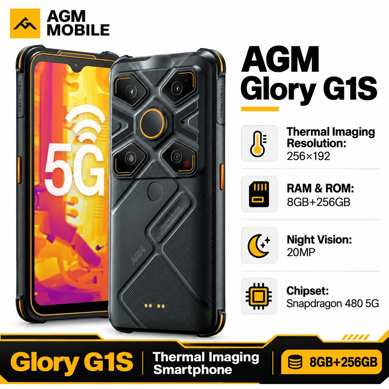 AGM GLORY G1S Rugged Smartphone 8+256G Thermal Imaging 5G Android 11 5500MAH IP68/69K Waterproof Cellphone