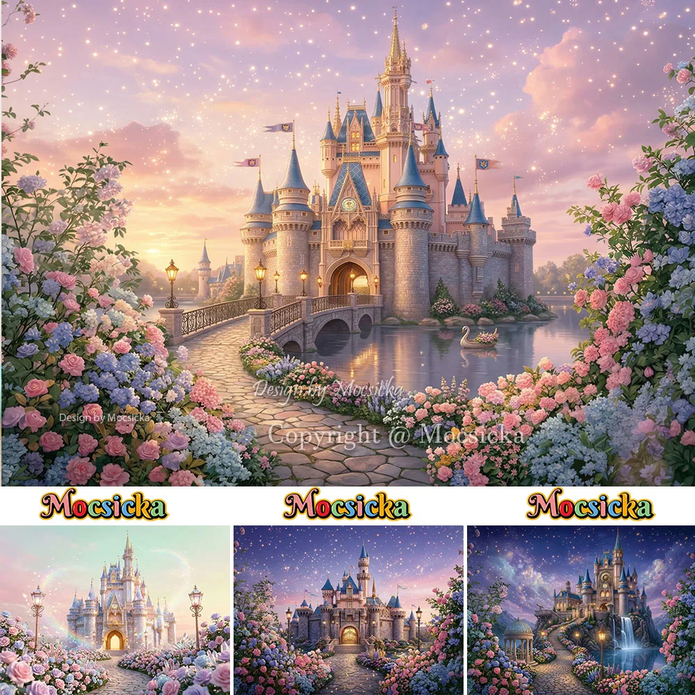 Mocsicka Fotografie-Hintergrund mit Märchenschloss, Blumengarten, Sonnenuntergang, Fotohintergrund für Kindergeburtstag, Babyparty, Studio