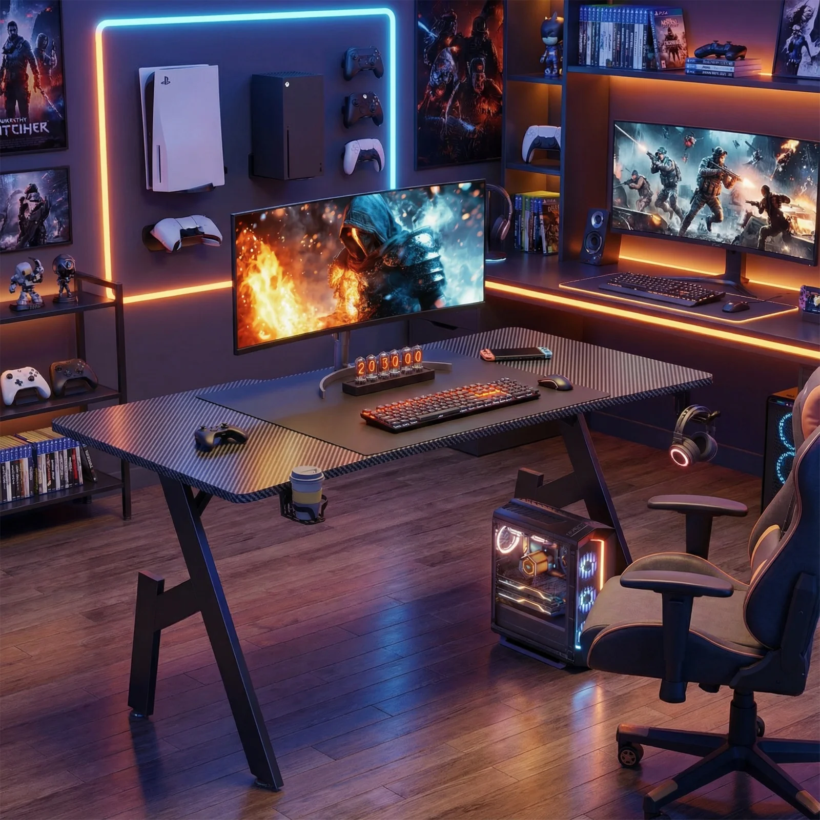 80/100/120/140cm Gaming Desk, A-Shaped Office Desk with Cup Holder Headphone, Modern Carbon Fiber Mesa Gamer for Home Office image 4