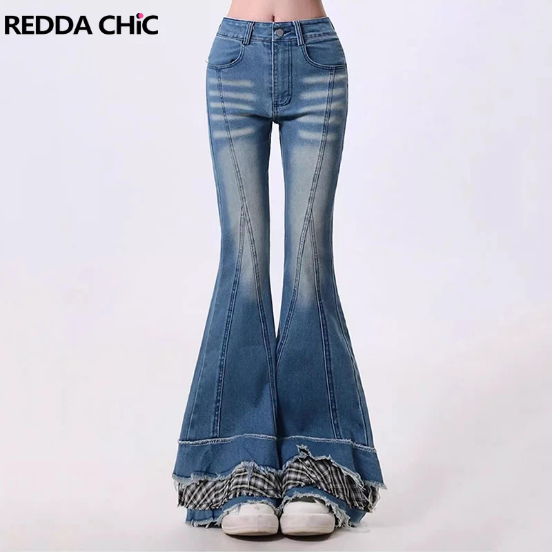 REDDACHiC Women Stitch Raw Edge Ruffle Hem Flare Jeans Retro Tartan Plaid Whiskers Boot Cut Pants Grayu Y2k Korean Streetwear