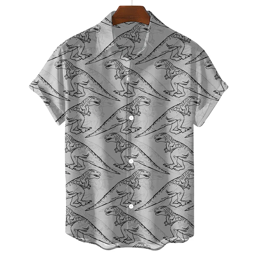 

New Black And White Simple Men's Shirt Cute Dinosaur Print Men's Clothing Lapel Oversized Short Sleeve Shirt Fashion Street Tops