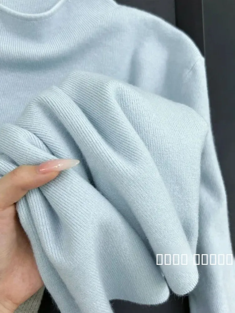 

Мягкий молочно-синий вязаный свитер с высоким вырезом Ne, женский осенне-зимний облегающий универсальный базовый слой, однотонный трикотаж