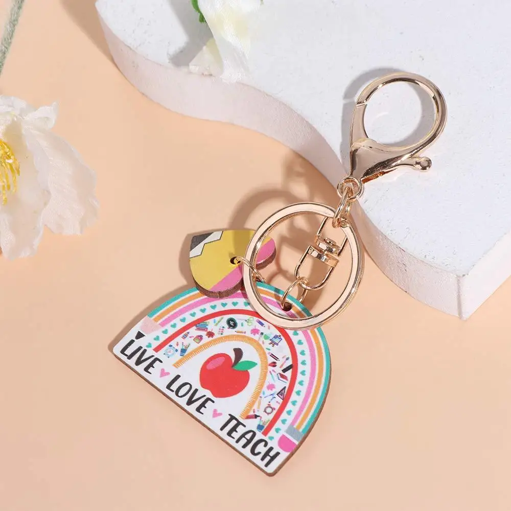 Wooden Pencil Rainbow Keychain Geometric Shape Charm Teacher's Day Keychain English Letter Trinket Teacher Education Pendant