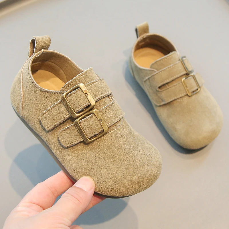 New Children's Leather Shoes Girls Flat Shoes Fashion Spring Autumn Kids Boys Causal Single Shoes Solid Soft Bottom Metal Buckle
